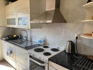 a kitchen with a stove and a sink at Slottshuset in Borgholm