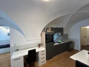 莱塔河畔布鲁克Paky Appartements 00314的厨房配有白色的柜台和冰箱。