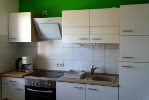 a kitchen with white cabinets and a sink at Weidenhof Zinnowitz in Zinnowitz