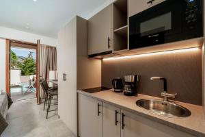 a kitchen with a sink and a living room at Aria Luxury Residence in Syvota