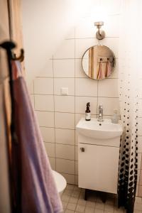 uma casa de banho com um lavatório e um espelho em Small Villa Subbi! em Tartu