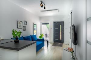 a living room with a blue couch and a tv at Apartament TU Cichowo in Cichowo
