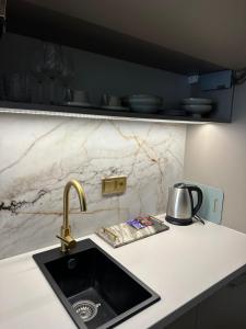 a kitchen counter top with a sink and a sink at Apartament OPAL Mickiewicza in Tarnowskie Góry +25 photos