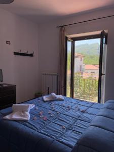 a bedroom with a blue bed and a large window at Albori in San Severino Lucano