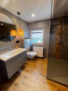 a bathroom with a sink and a toilet and a shower at Ferienhof Hofmann in Böbrach +28 photos