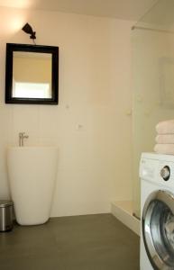 a bathroom with a washing machine and a mirror at Appartement Le Clos de Sablier in Tourgeville