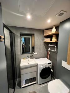 a bathroom with a sink and a washing machine at Seaside apartment Albatross Home Resort Mēnesdārzs in Ķesterciems +42 photos