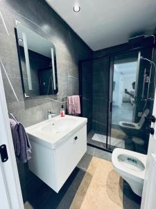 a bathroom with a sink and a shower and a toilet at Superbe appartement avec piscine in Tunis +20 photos