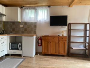 a kitchen with a refrigerator and a tv on the wall at SKH S, 1 apartment, 1 bedroom in Praid +8 photos