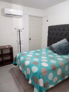 マサトランにあるRenta Vacacional Zoeのベッドルーム1室(ベッド1台、水玉ブランケット付)