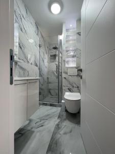 a white bathroom with a toilet and a shower at Apartments Hillside in Ulcinj