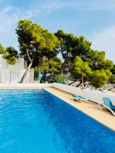 a swimming pool with two blue chairs and trees at Eco del Mar in Cala d´Or
