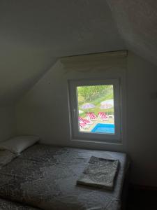 a bedroom with a window with a view of a pool at Hacienda Antioquia in Berane +38 photos