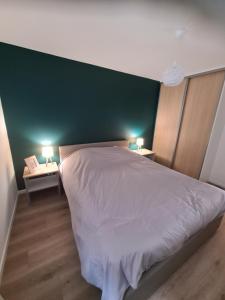 a bedroom with a large bed with a green wall at Appartement au pied des pistes avec grande terrasse in Orbey