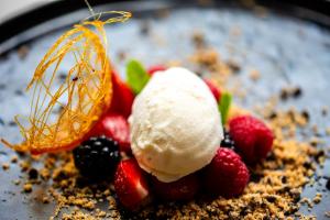 a dessert with a scoop of ice cream and berries at Zen Hotel Versilia in Marina di Pietrasanta