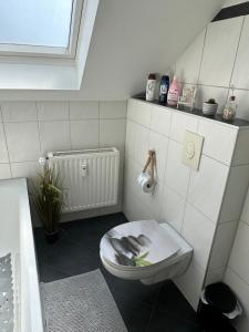 a bathroom with a white toilet and a sink at Ferienwohnung Knobloch Louis in Oberhausen