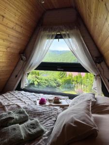 a bed in a room with a large window at Duszek Lasu in Brenna