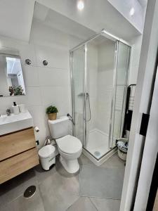 a bathroom with a shower and a toilet and a sink at Pura Vida Tabaiba in Tabaiba