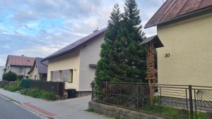 a house with a pine tree next to a fence at Apartmán Malá Valaška in Ratiboř