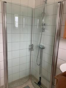 a shower with a glass door in a bathroom at Lantligt sommarställe med närhet till Byrum & Böda in Löttorp +24 photos