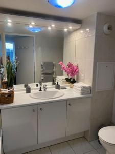 a bathroom with a sink and a toilet and a mirror at Magnifique duplex 45 m2 aux portes de Paris Metro Barbara à 30mn Expo Porte de Versailles in Montrouge +62 photos