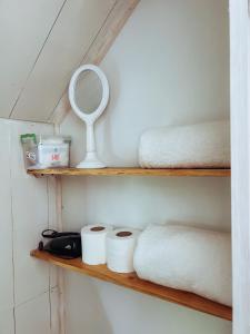 uma prateleira com papel higiénico, um espelho e toalhas em Epu 2 - Welemu Cabañas Tiny House em Curiñanco