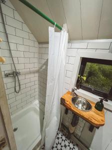 baño pequeño con lavabo y bañera en Epu 2 - Welemu Cabañas Tiny House en Curiñanco