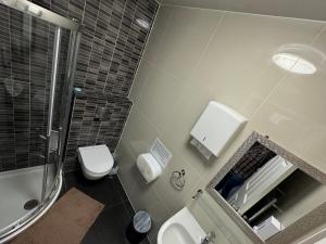 a bathroom with a shower and a toilet and a sink at Namaste Palace Hotel in Norwich