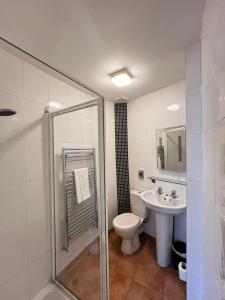 a bathroom with a shower and a toilet and a sink at Castle Limes Hotel in Warwick +33 photos