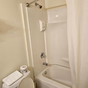 a small bathroom with a toilet and a shower at Pacific Rim Motel in Ucluelet