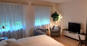 a bedroom with a bed and two chairs and a television at Appartamento La Torretta in Locarno
