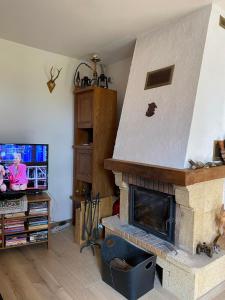 Una sala de estar con chimenea y televisión. en Domek Balowa Góra, en Osówka 13 fotos más