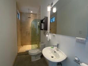 a bathroom with a sink and a toilet and a shower at Cando Living Apartments in Central Avenue in San José +188 photos