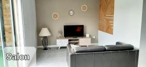 a living room with a couch and a television at Appartement cosy 4 personnes in Benesse-lez Dax