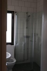 a bathroom with a shower with a toilet and a sink at Lägenhet nära hav och centrum in Halmstad