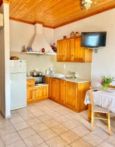 a kitchen with wooden cabinets and a white refrigerator at Betsanis Stafylos Apartments in Stafylos