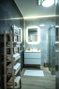 ein Badezimmer mit einem Waschbecken, einem Spiegel und einer Leiter in der Unterkunft Apartamenty Fala in Międzywodzie