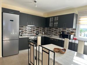 cocina con armarios negros y nevera de acero inoxidable en Thalassa Beach Resort, en Trikomo