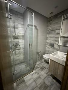 a bathroom with a shower and a toilet and a sink at Glamorous Spacious 3BR at Jardin de Carthage Tunis in Sidi Daoud +11 photos