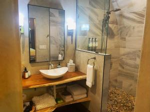 a bathroom with a sink and a shower with a mirror at Burrowdale Inn in Bella Vista +27 photos