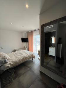 una camera da letto con un letto e un grande specchio di Villa Moderne Cote d Azur a Puget-sur-Argens