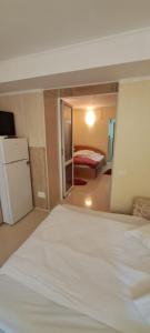 Habitación de hotel con cama y nevera en La Poiana en Brasov