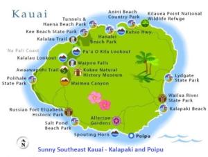a map of kauai with many attractions at Banyan Harbor in Lihue