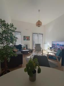ein Wohnzimmer mit einer Couch und einem Tisch mit einer Pflanze in der Unterkunft Chambre à 25 min de Paris - appartement partagé in Gonesse
