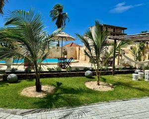 two palm trees in the grass next to a pool at Pousada Coconut Cumbuco in Cumbuco