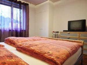1 Schlafzimmer mit 2 Betten, einem TV und einem Fenster in der Unterkunft Ferienwohnung Piontek in Ebensee