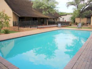 a large blue swimming pool in front of a house at Ukutula Lion Lodge in Brits