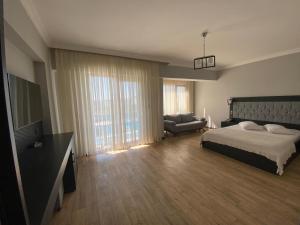 a bedroom with a bed and a couch and a television at Carpediem Diamond Hotel in Karasu