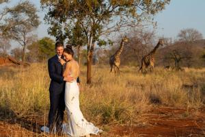a bride and groom standing in front of giraffes at Kilima Private Game Reserve & Spa in Gravelotte