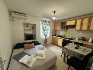 a kitchen with a couch and a table in a room at Apartmani Luciano in Novalja